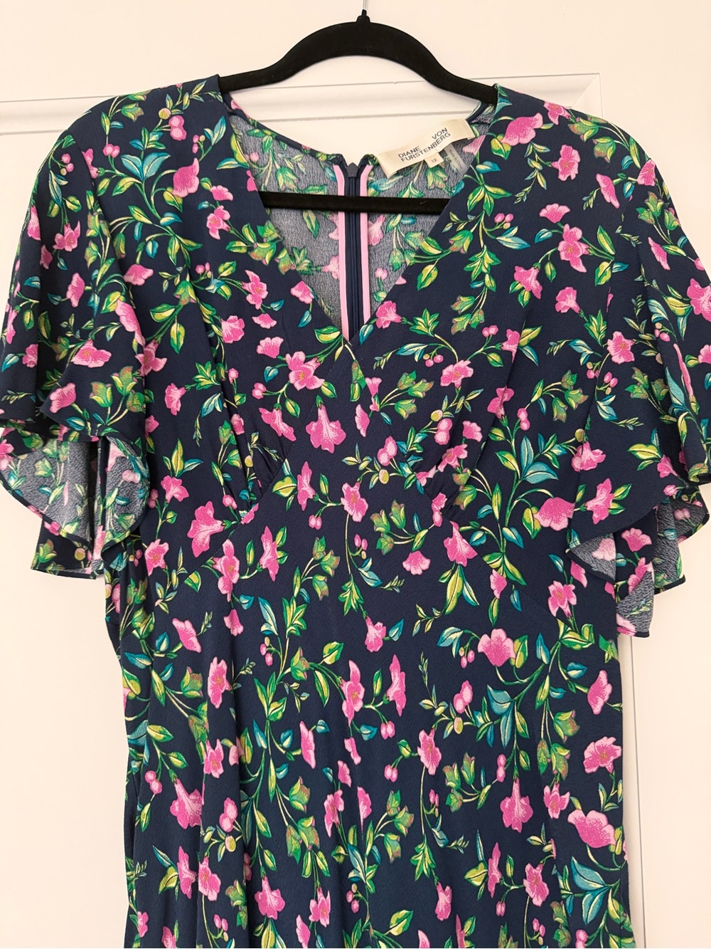 Diane Von Furstenberg Navy Floral Midi Dress with Pink and Green Accents Worn 1x - Picture 2 of 5